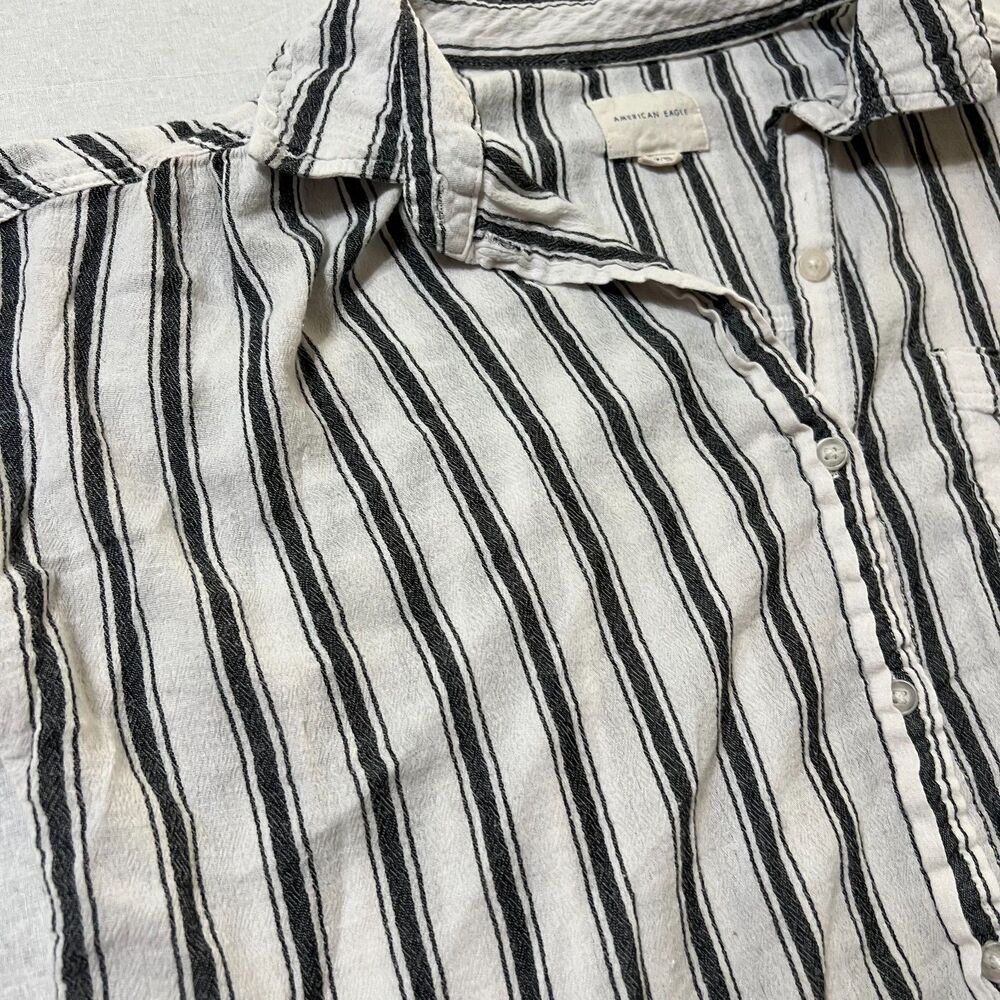 American Eagle Womens S Black White Stripe Button Down Shirt Relaxed Coastal